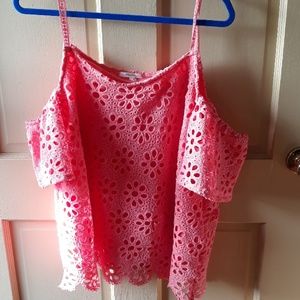 Peach fully-lined knit off the shoulder tank.